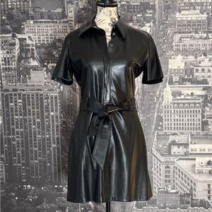 Nanushka Vegan Leather Short Sleeve Belted Shirt Dress in Black